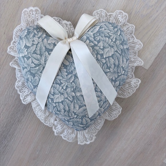 Unbranded Other - Vintage Heart Shaped Decorative Pillow Blue Floral Lace Trim Cream Ribbon Bow